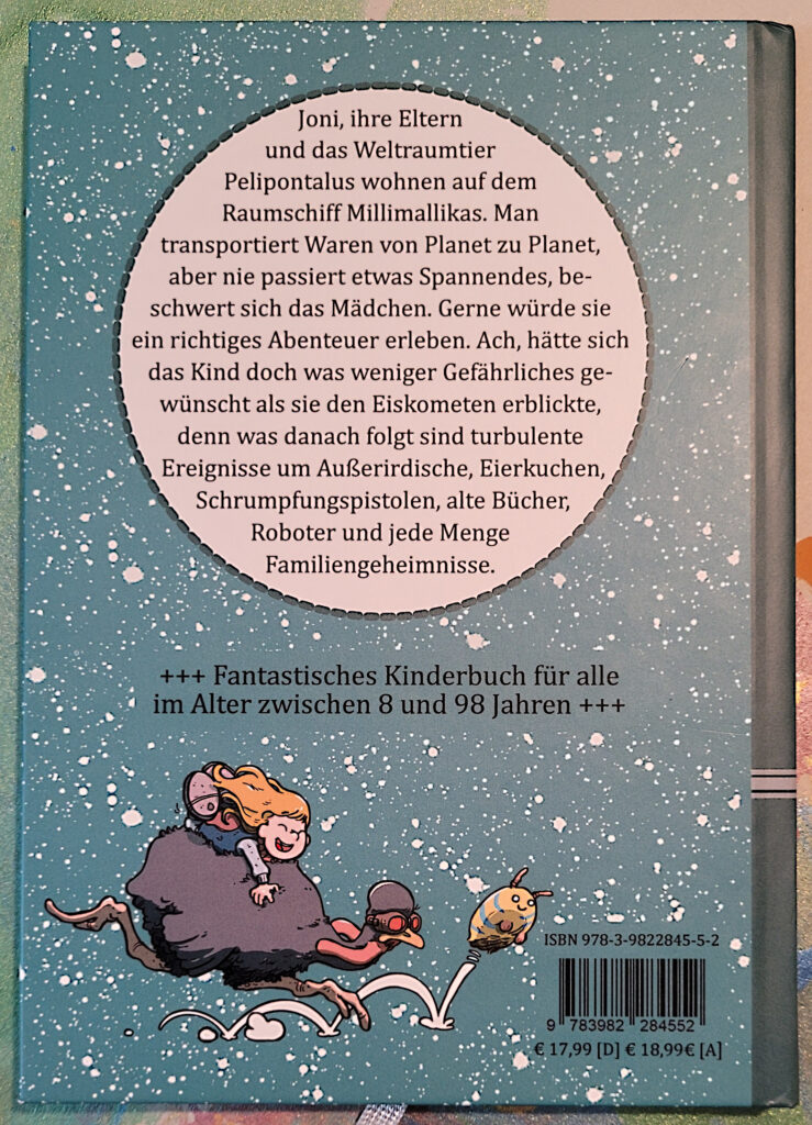 Rückseite des Sci-Fi-Buches für Kinder „Pelipontalus und die Königin der Maschinen“ von Robert Schulz und Sina Loriani