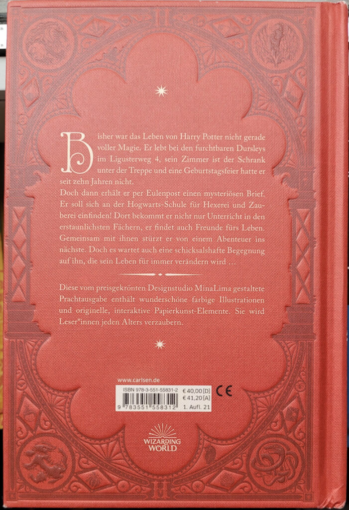 Die Rückseite der MinaLima-Prachtausgabe von „Harry Potter und der Stein der Weisen“