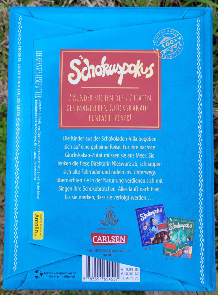 Die Rückseite des Kinderbuches „Schokuspokus 5: Ein paar Tropfen Abenteuer“ von Maja von Vogel und Franziska Harvey