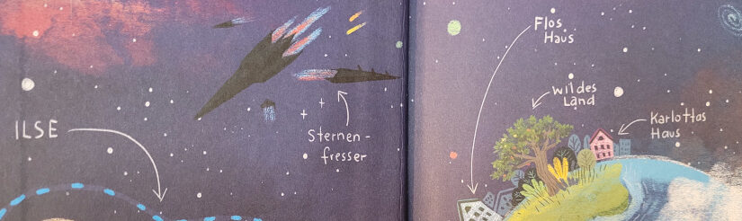 Ein Ausschnitt des Vorsatzpapiers des Kinderbuches „Fonk - Geheimagent aus dem All“ von Tobias Goldfarb und Lisa Hänsch