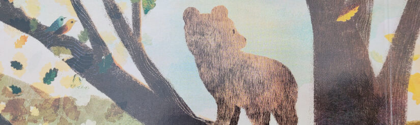 Ausschnitt von der Rückseite des Bilderbuches „Noch ein Märchen für das Bärchen“: Ein kleiner Bär in einem Baum