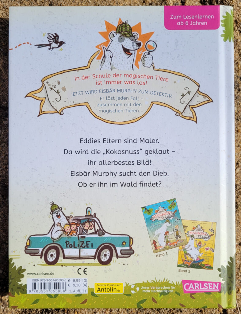 Rückenansicht des Kinderbuches „Die Schule der magischen Tiere ermittelt 3 – Der Kokosnuss-Klau“ von Margit Auer und Nina Dulleck