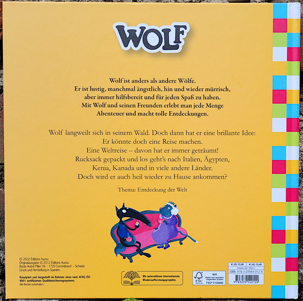 Rückseite des Bilderbuches „Der Wolf, der eine Weltreise machen wollte“ von Orianne Lallemand und Eléonore Thuillier