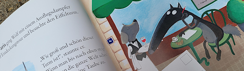Ausschnitt einer Seite aus dem Bilderbuch „Der Wolf, der eine Weltreise machen wollte“ von Orianne Lallemand und Eléonore Thuillier
