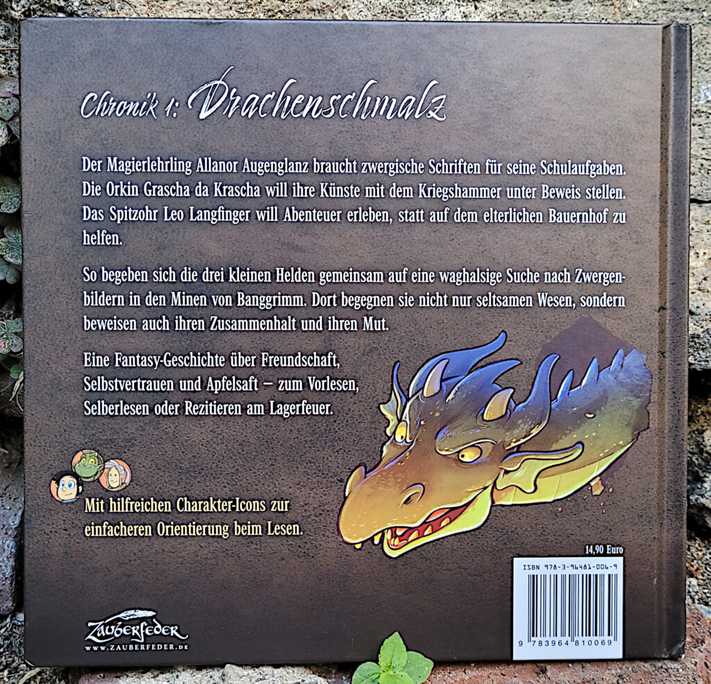 Rückentext, des Kinder-Fantasy-Buches „Chronik 1: Drachenschmalz“ von Rafael Bienia und Marvin Clifford