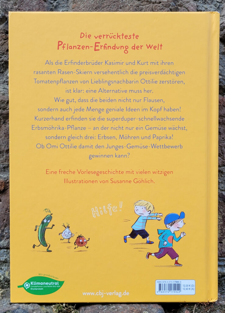 Die Rückseite des Kinderbuches „Die Erfinderbrüder und die Erbsmöhrika-Pflanze“ von Johanna von Vogel