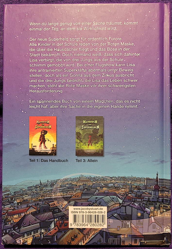 Rückseite der Graphic Novel für Kinder „Handbuch für Superhelden: Die Rote Maske“ von Elias und Agnes Våhlund