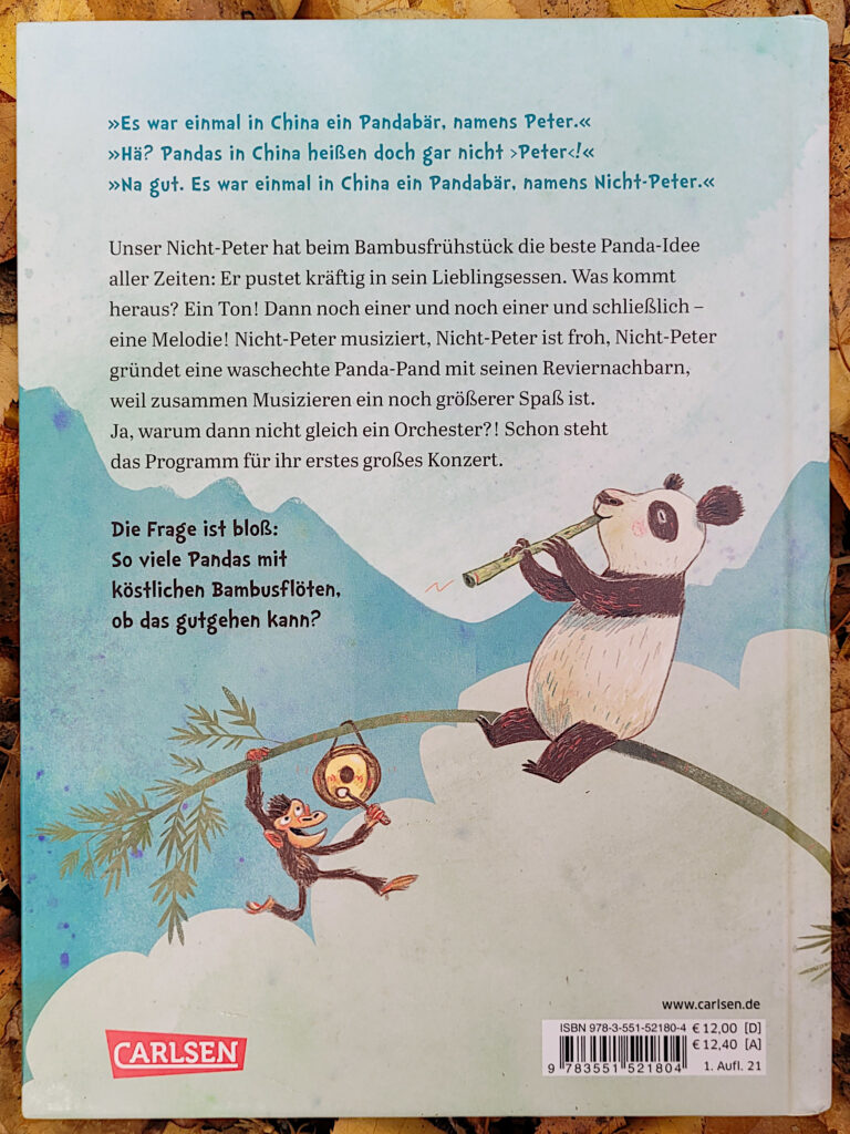 Rückseite des Kinderbuches „Panda-Pand: Wie die Pandas mal Musik zum Frühstück hatten“ von Saša Stanišić und Günther Jakobs