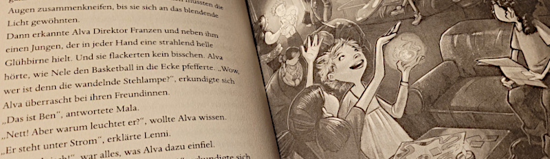 Ausschnitt einer Innenseite des Kinderbuches „School of Talents 2: Zweite Stunde: Stromausfall!“ von Silke Schellhammer