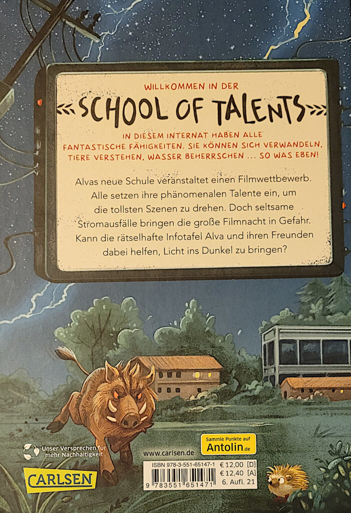 Rückseite des Kinderbuches „School of Talents 2: Zweite Stunde: Stromausfall!“ von Silke Schellhammer
