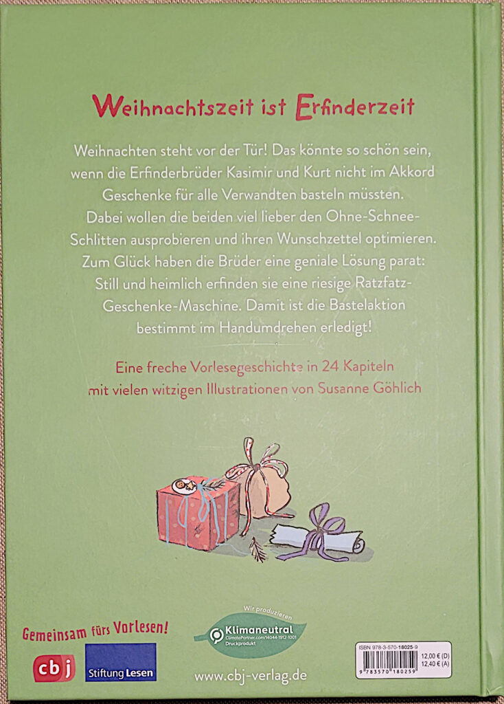 Rückseite des Kinderbuches „Die Erfinderbrüder und die Ratzfatz-Geschenke-Maschine“ von Johanna von Vogel