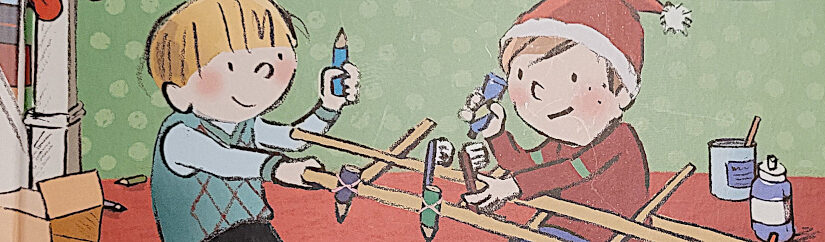 Ausschnitt des Buchcovers des Kinderbuches „Die Erfinderbrüder und die Ratzfatz-Geschenke-Maschine“ von Johanna von Vogel