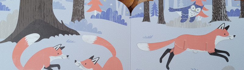 Ausschnitt einer Innenseite des Pappbilderbuches „Mein Spielspaß-Buch: Die Tiere feiern Geburtstag im Wald“ von Elena Bruns und Angela Keoghan