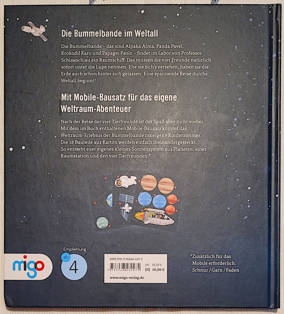 Rückseite des Bilderbuchs „Die Bummelbande im Weltall“ von Johanna Fischer, Gareth Ryans und Yasmin Karim