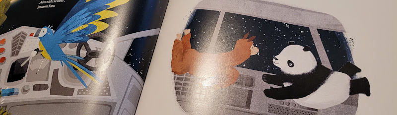 Ausschnitt einer Innenseite aus dem Bilderbuch „Die Bummelbande im Weltall“ von Johanna Fischer, Gareth Ryans und Yasmin Karim