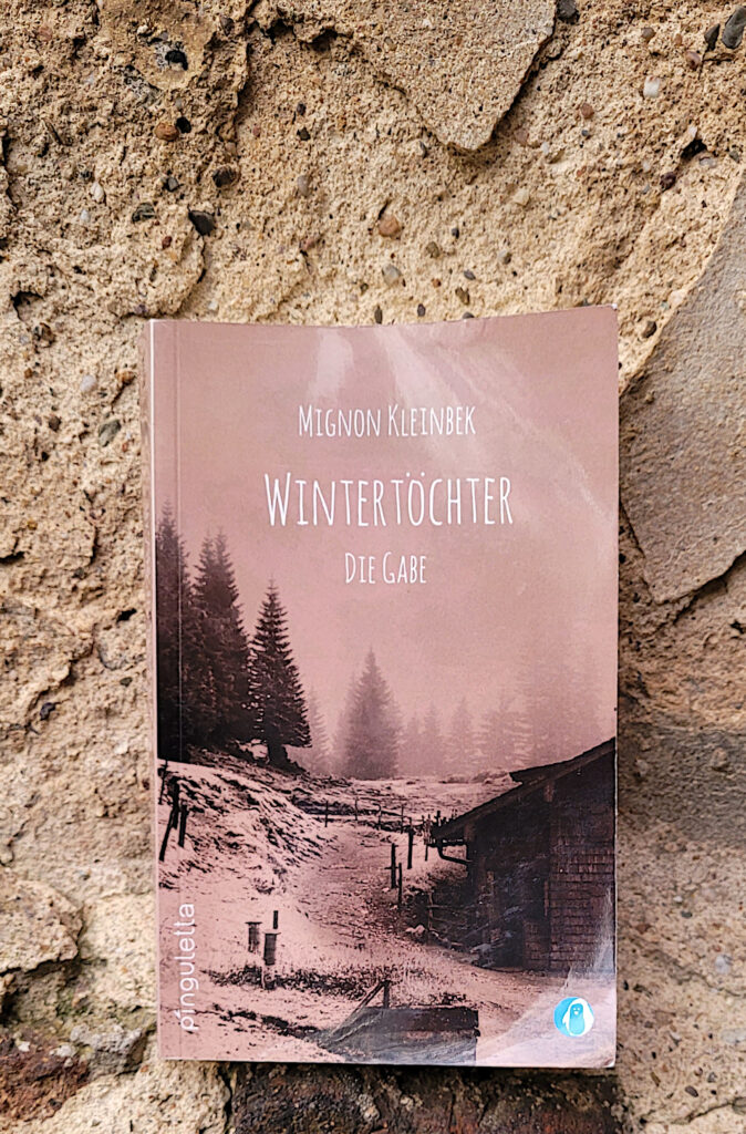 Der Roman „Wintertöchter: Die Gabe“ von Mignon Kleinbek vor einer brüchigen Mauer