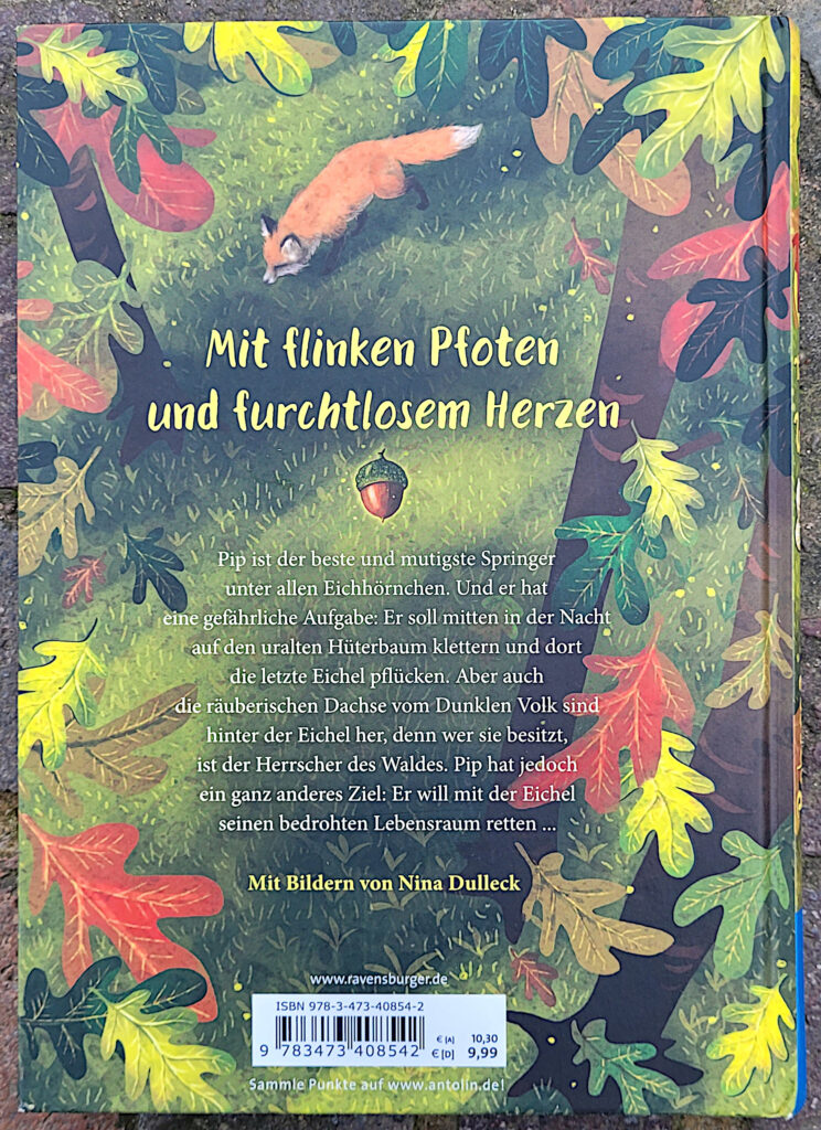 Rückseite des Kinderbuches „Pip rettet den Wald“ von Rebecca Reed