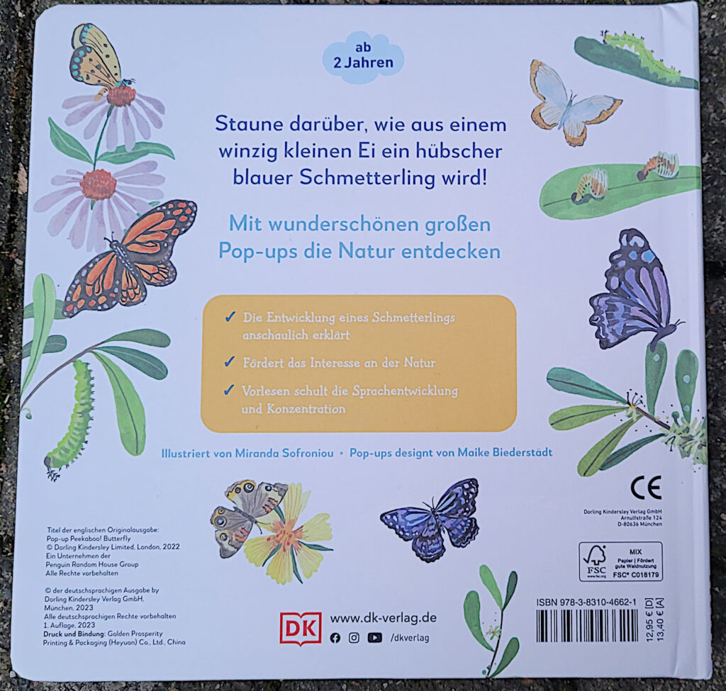 Rückseite des Pappebuchs „Mein Pop-up-Buch zum Staunen: Wo kommst du her, kleiner Schmetterling?“