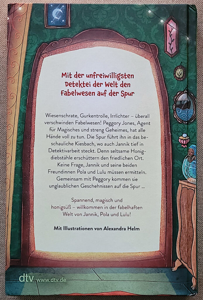 Rückseite des Kinderbuches „Detektei für magisches Unwesen: Drei Helden für ein Honigbrot“ von Lotte Schweizer