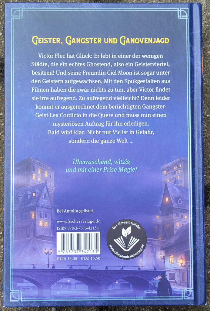 Rückseite des Kinderbuches „Victor Flec: Jagd durch die Stadt der Geister“ von Angela Kirchner