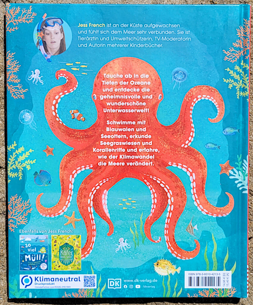 Rückseite des Kindersachbuches „Die verborgene Welt der Ozeane“ von Jess French und Claire McElfatrick