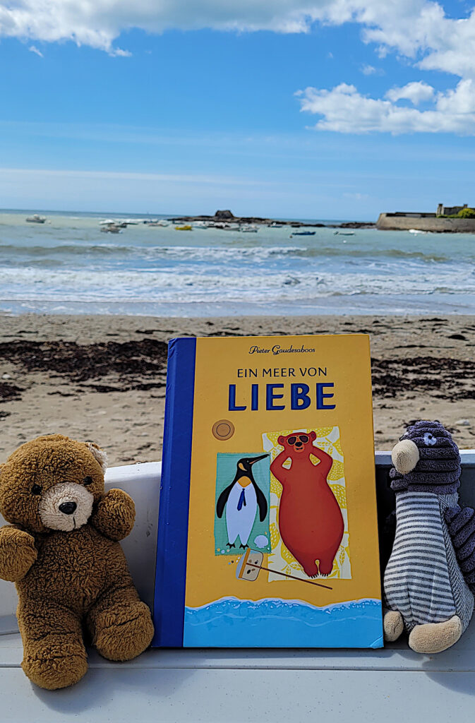 Das Bilderbuch "Ein Meer von Liebe" von Pieter Gaudesaboos in einem Boot an den Bootsrand lehnend. Links daneben ein Bärchen-Stofftier, rechts daneben ein Pinguin-Stofftier. Im Hintergrund Strand und Meer.