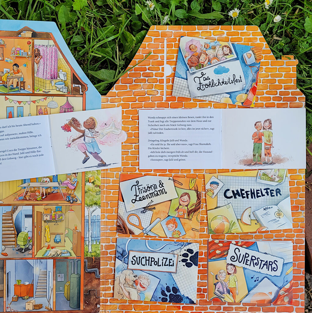 Einblick in die Kinderbuchsammlung „Birkenallee. Die wilde 19 - 7 bunte Mini-Bücher unter einem Dach“ von Jasmin Schaudinn, Vectoria und Marc Widmer
