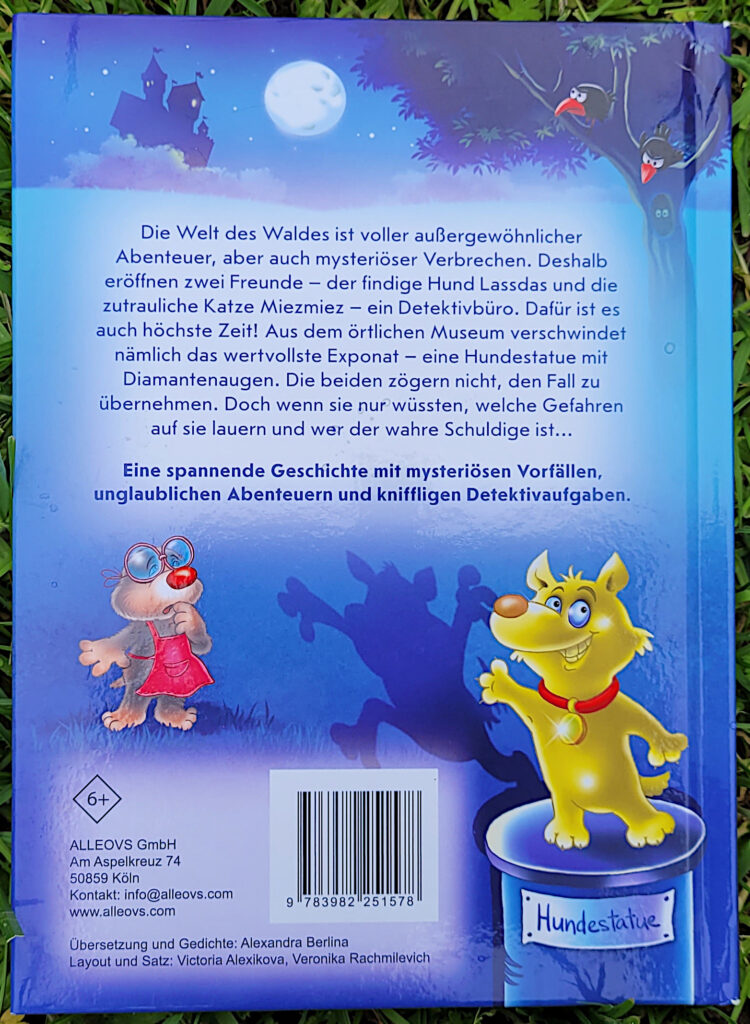 Rückseite des Kinderbuchs „Pfoten Hoch!“ von Katja Matjuschkina, Katja Okovitaja und Alexandra Berlina