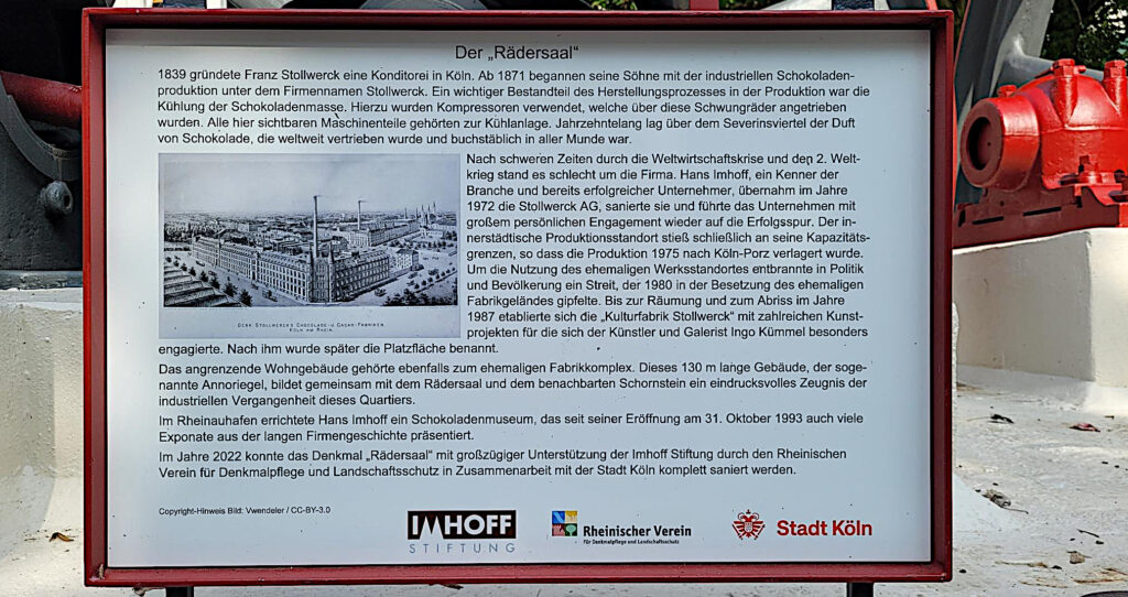 Informationstafel zum Rädersaal der Schokoladenfabrik Stollwerck in Köln