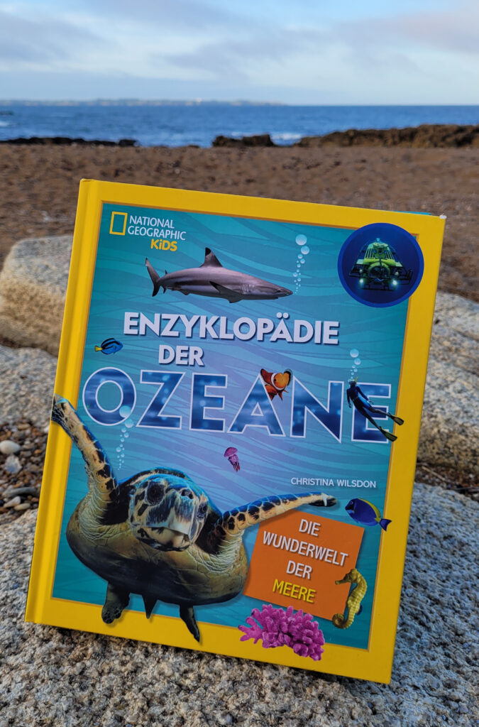 Die „Enzyklopädie der Ozeane: Die Wunderwelt der Meere“ von Christina Wilsdon auf einem Granitfelsen. Im Hintergrund Strand und Meer.
