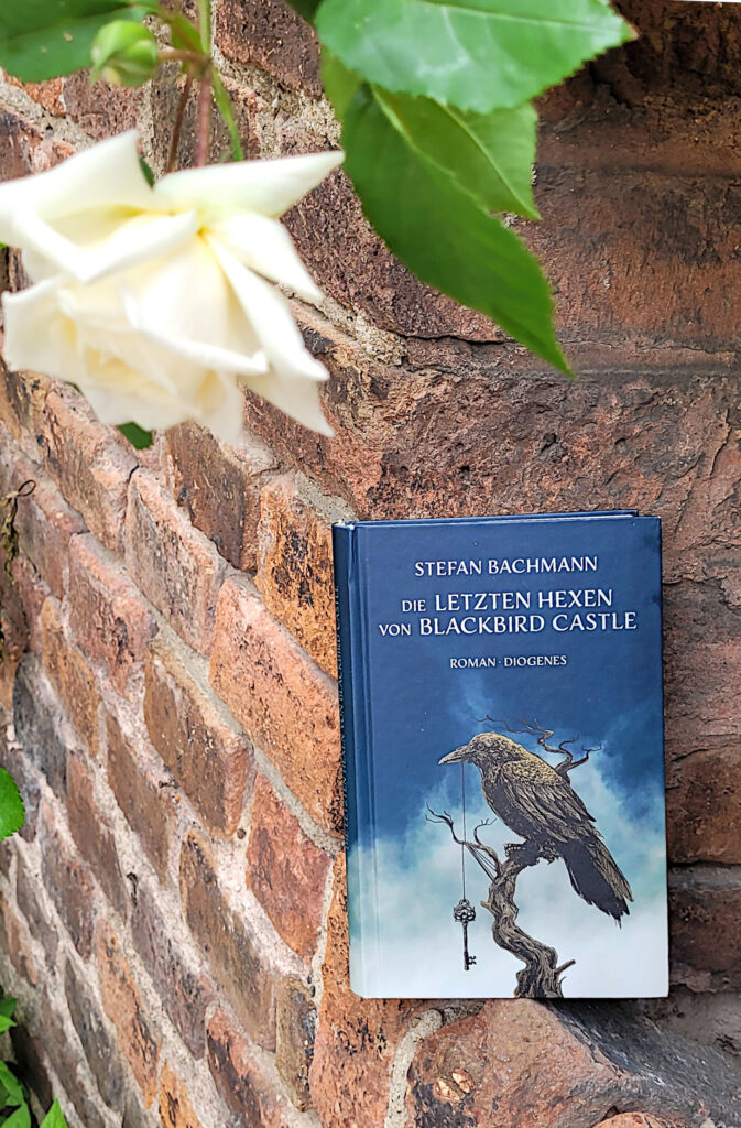 Der fantastische Roman „Die letzten Hexen von Blackbird Castle“ von Stefan Bachmann lehnt an einer alten Backsteinmauer. Im Vordergrund ragt eine weiße Rose ins Bild.