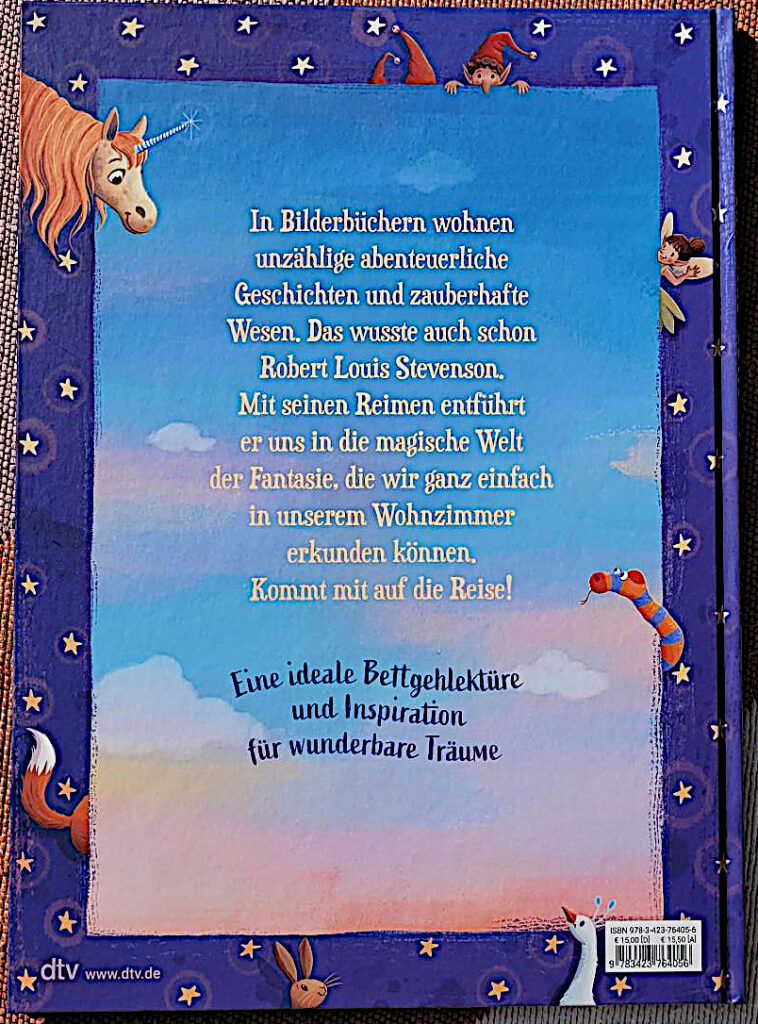 Rückseite des Kinderbuches "Im Bilderbuchland" von Robert Louis Stevenson mit Bildern von Susanna Hatkemper