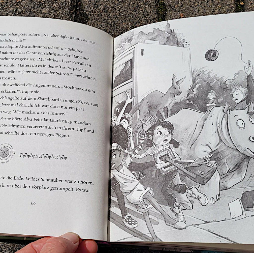 Ausschnitt einer Innenseite des Kinderbuches „School of Talents 4: Vierte Stunde – Schulfest im Schneckentempo!“ von Silke Schellhammer