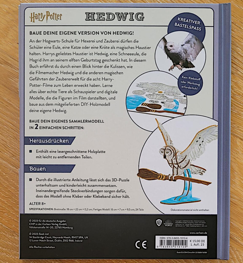 Die Rückseite des Buches „Harry Potter: Buch mit 3D-Puzzle - Hedwig“