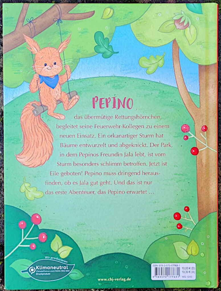 Rückseite des Kinderbuches „Pepino Rettungshörnchen: Alarm im Park“ von Irmgard Kramer und Nora Paehl