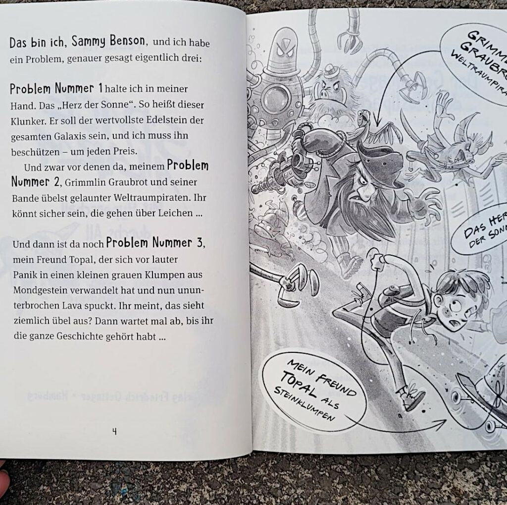 Ausschnitt einer Innenseite des Kinderbuches „Space Alarm: Mit Hyperschall durchs All“ von Patrick Fix