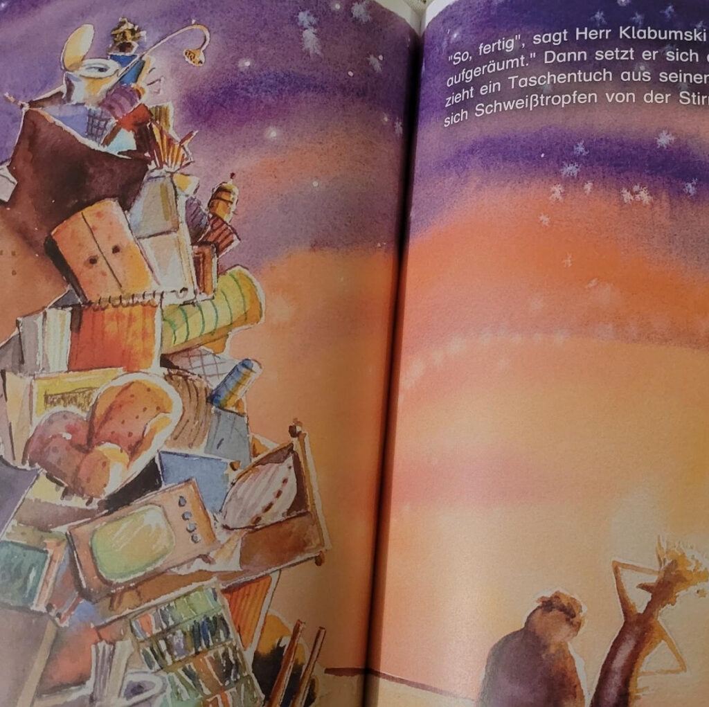 Ausschnitt einer Innenseite des Kinderbuches „Herr Klabumski räumt auf“ von Karin Ricar und Eve Mazur