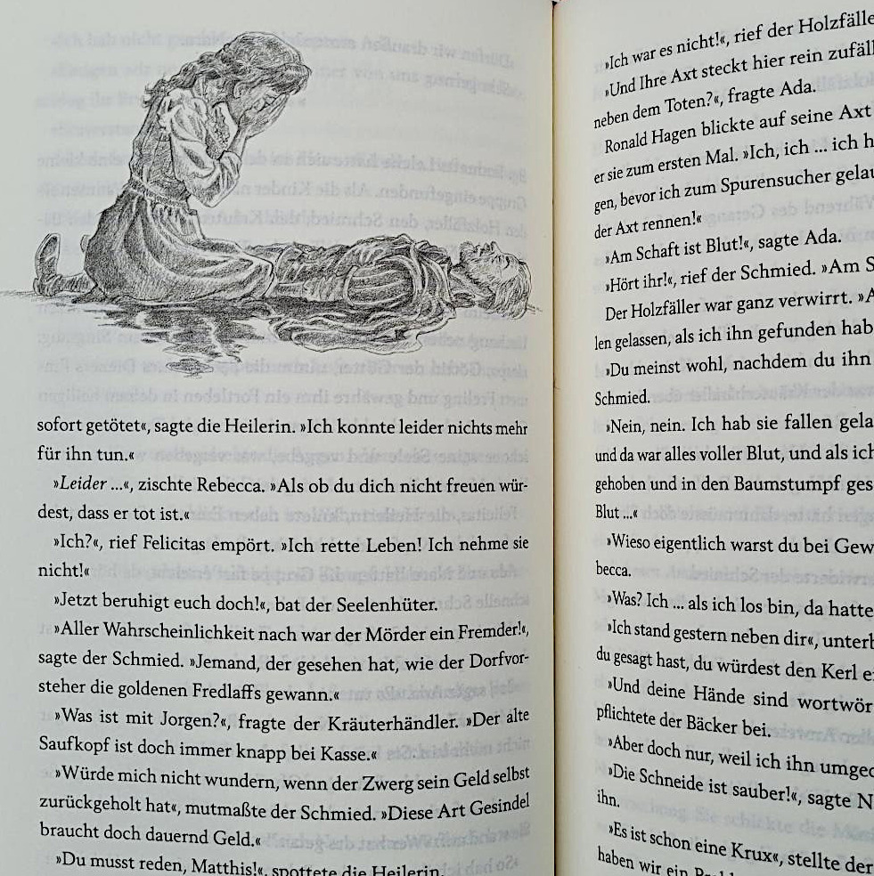 Ausschnitt einer Innenseite des Fantasy-Romans “Der Spurenfinder” von Marc-Uwe, Johanna und Luise Kling mit Illustrationen von Bernd Kissel