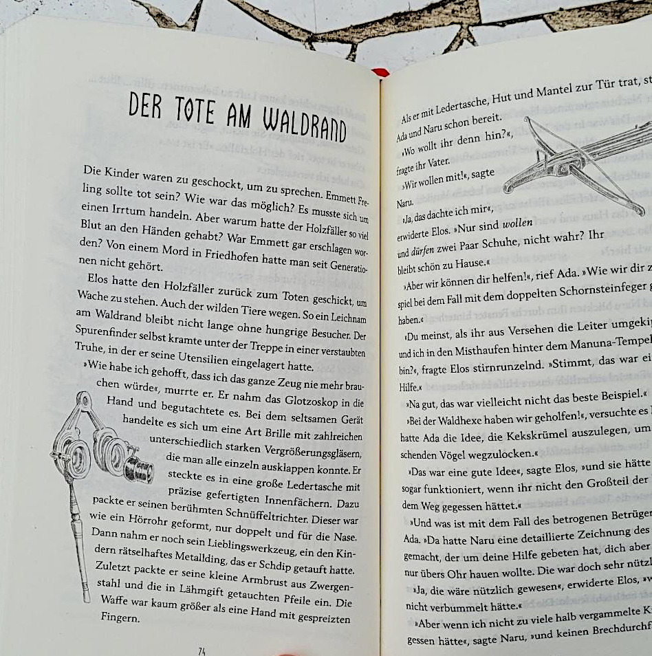 Ausschnitt einer Innenseite des Fantasy-Romans “Der Spurenfinder” von Marc-Uwe, Johanna und Luise Kling mit Illustrationen von Bernd Kissel