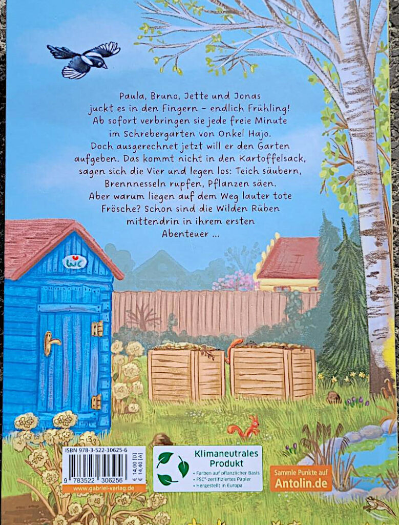 Rückseite des Kinderbuches „Die Wilden Rüben: Das Geheimnis von Garten Nr. 8“ von Dorthe Voss