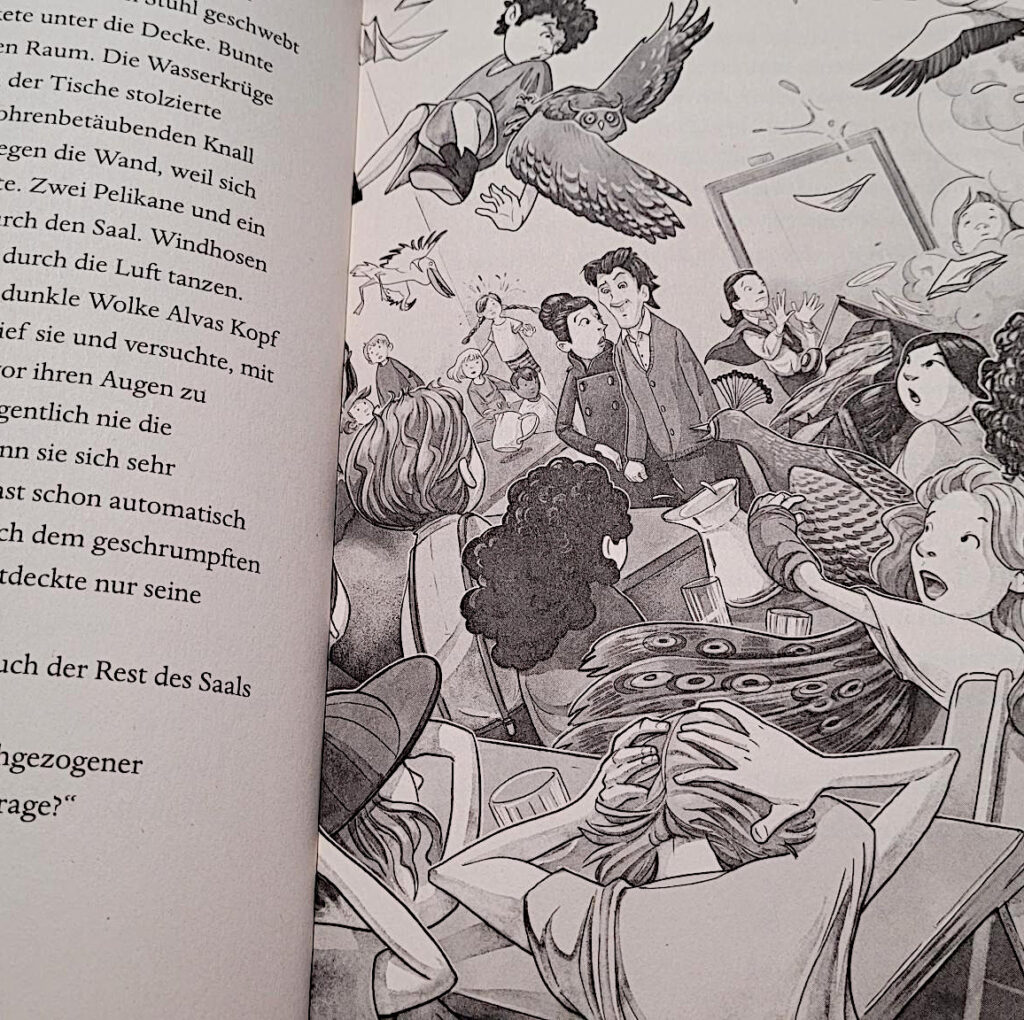 Ausschnitt einer Innenseite des Kinderbuchs "School of Talents 5: Fünfte Stunde: Klassen treffen!" von Silke Schellhammer auf einer Wiese liegend, umgeben von blühenden Gänseblümchen