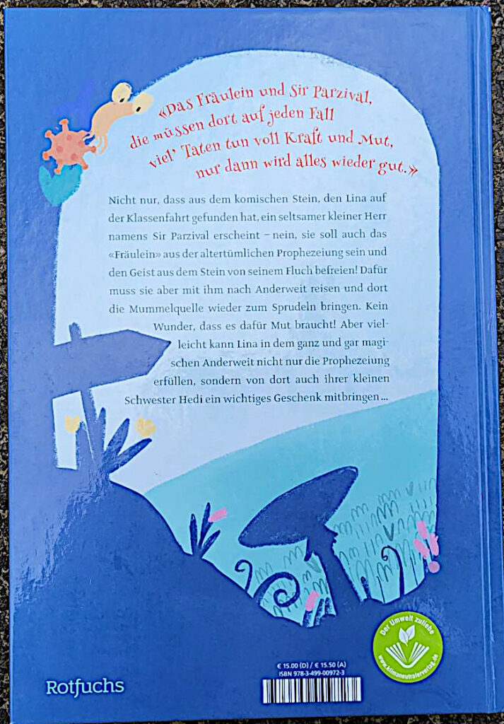 Die Rückseite des Kinderbuches „Geister gibt es nicht oder Meine total verrückte Reise mit Sir Parzival von Schreckenfels“ von Andrea Schomburg