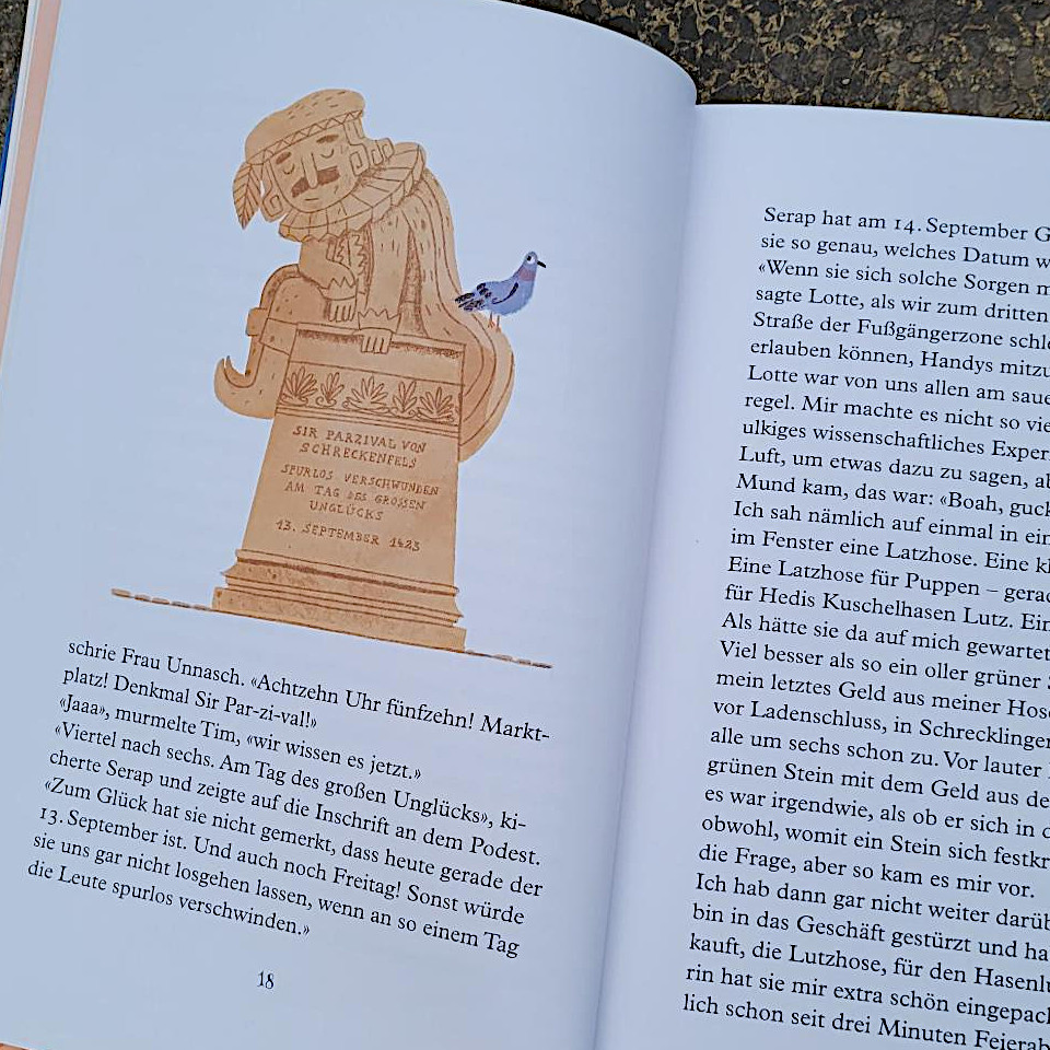 Ausschnitt einer Innenseite des Kinderbuchs „Geister gibt es nicht oder Meine total verrückte Reise mit Sir Parzival von Schreckenfels“ von Andrea Schomburg