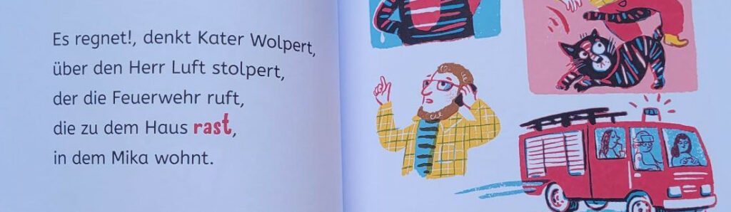 Ausschnitt einer Innenseite des Kinderbuches „Die Feuerwehr kommt nackig her“ von Martin Muser