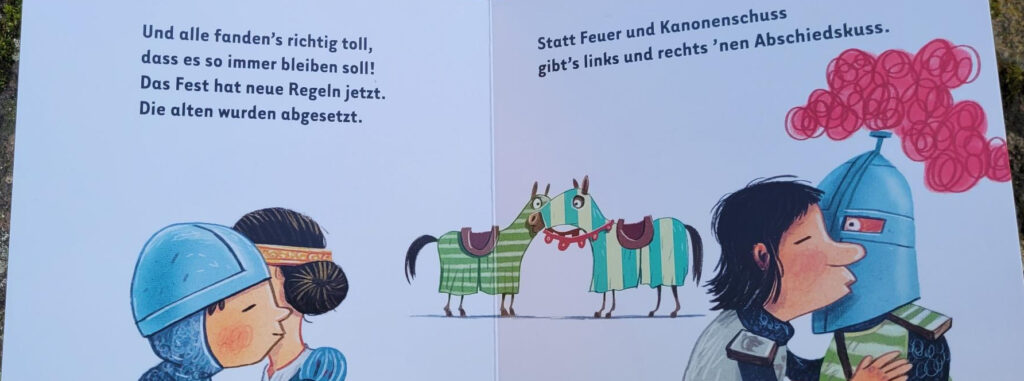 Ausschnitt einer Innenseite des gereimten Kinderbuches „Ritter Otto will nicht kämpfen“ von Günther Jakobs