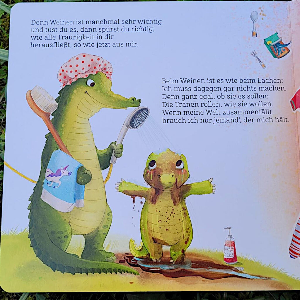 Ausschnitt einer Innenseite des Pappeebuches „Was weinst du denn so viel, kleines Krokodil?“ von Nora Imlau und Lisa Rammensee