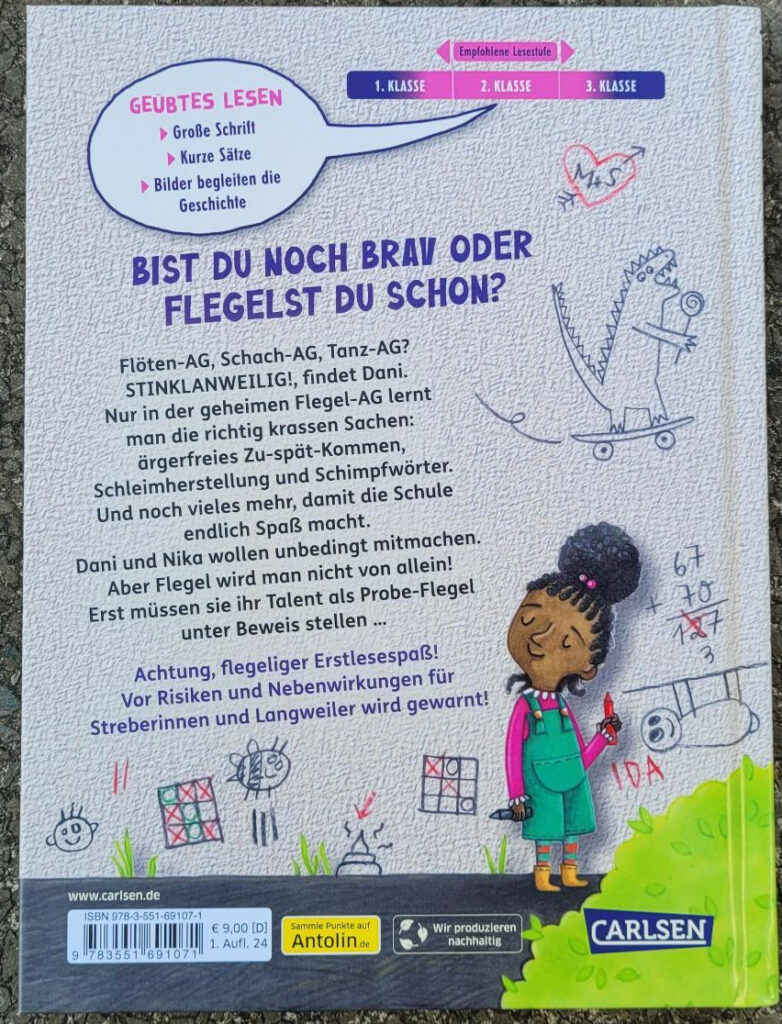 Rückseite des Einfach Lesen lernen-Buches: „Die Flegel-AG - Gib mir ein F!“ von Jasmin Schaudinn und Sabine Mielke
