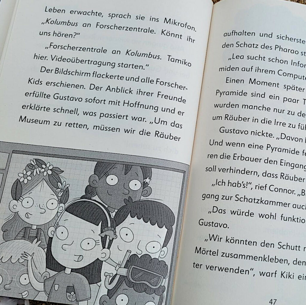 Ausschnitt einer Innenseite aus Band 3 der Kinderbuchreihe „Ein Fall für die Forscher-Kids“ von S. J. King: "Der Schatz des Pharao"