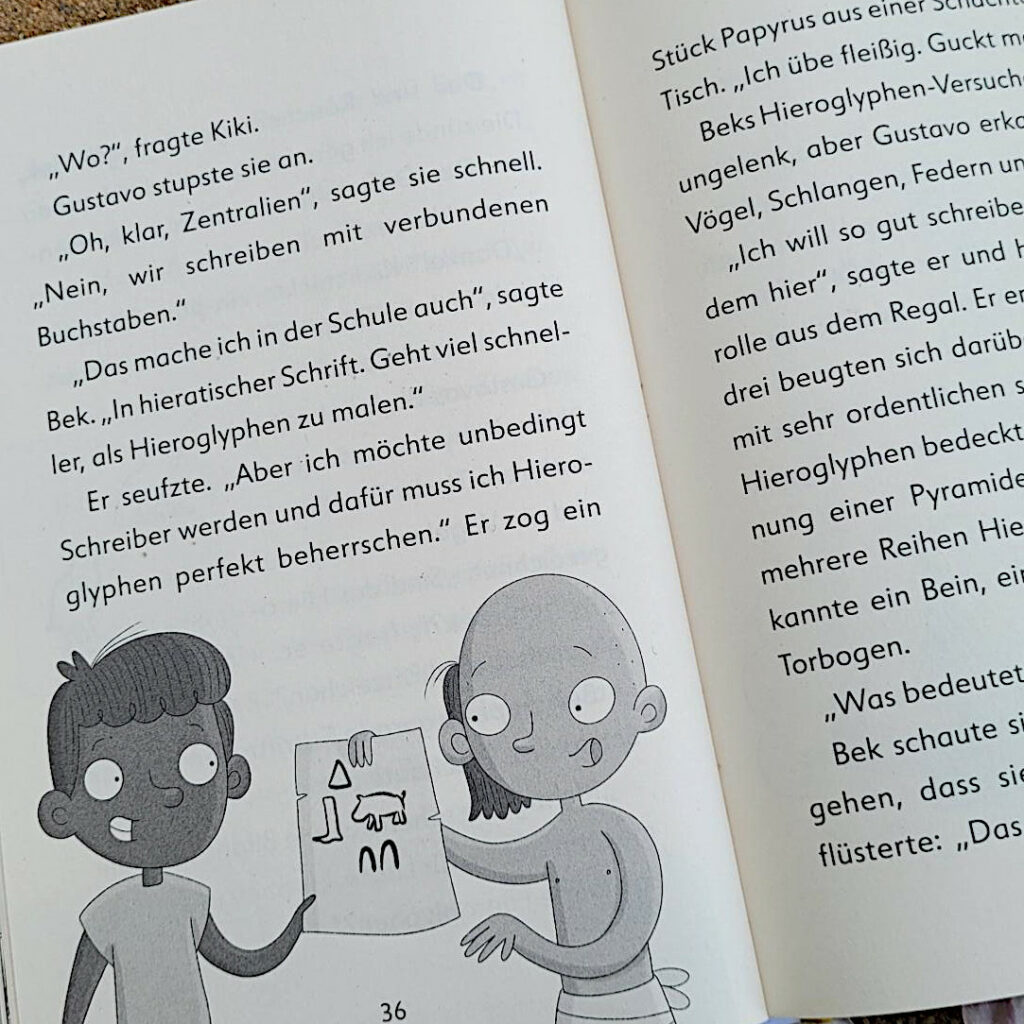 Ausschnitt einer Innenseite aus Band 3 der Kinderbuchreihe „Ein Fall für die Forscher-Kids“ von S. J. King: "Der Schatz des Pharao"