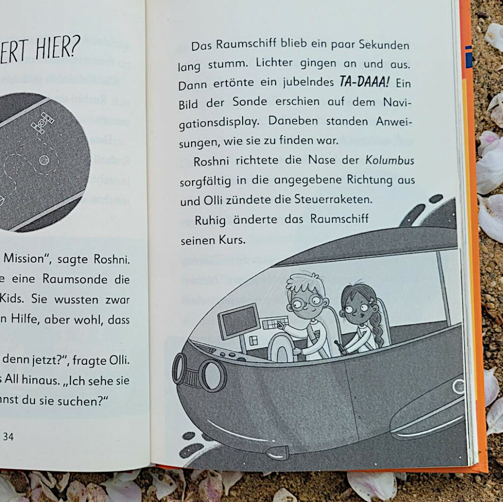 Ausschnitt einer Innenseite von Band 2 der Kinderbuchreihe „Ein Fall für die Forscher-Kids“ von S. J. King: "Kometen-Alarm"